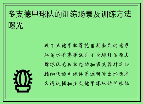 多支德甲球队的训练场景及训练方法曝光