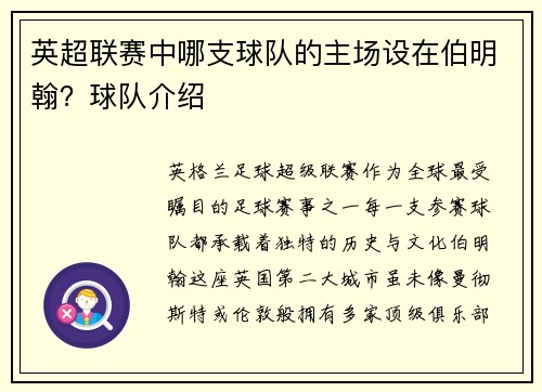 英超联赛中哪支球队的主场设在伯明翰？球队介绍